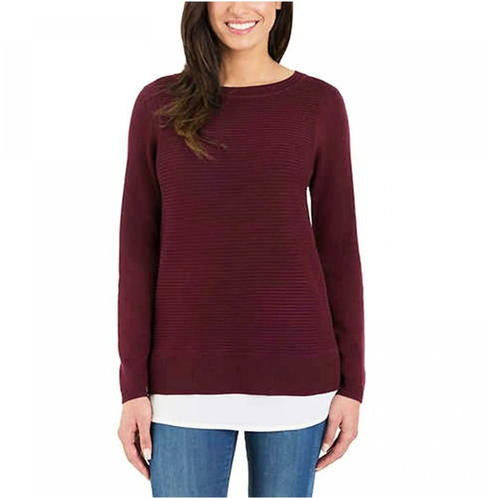 Hilary Radley Womens Long Sleeve2-fer Two-Fer Sweater Heather Wine
